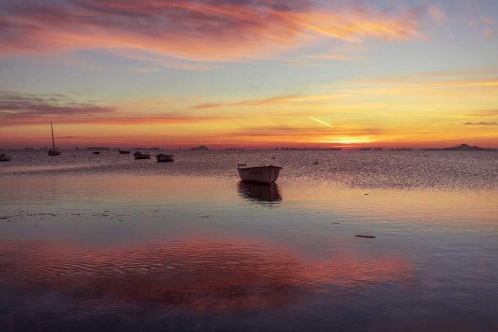 boat, sea, sunset